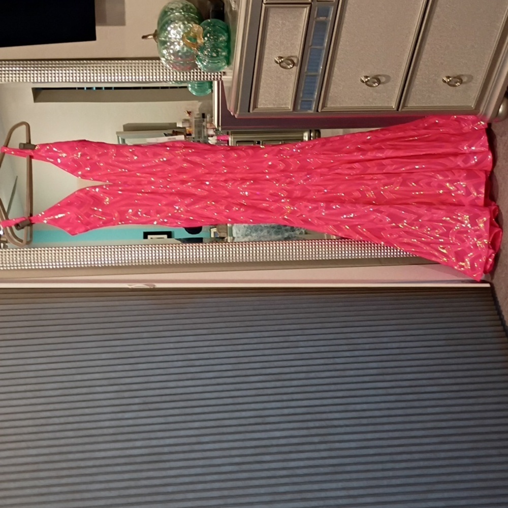 NWT JOVANI 23027 Hot Pink Sequined Deep Illusion V -Neck Plunge Mermaid Dress 14